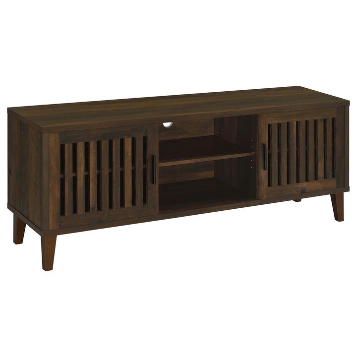 Sid TV Stand Media Cabinet, 2 Slatted Doors, Shelf, Brown Wood 60 Inch - Benzara