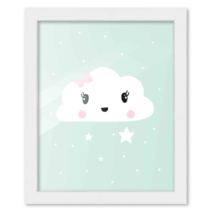 8x10 Framed Nursery Wall Art Hand Drawn Sleepy Cloud Poster in White Wood Frame For Kid Bedroom or Playroom