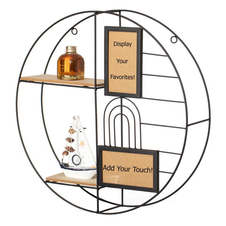 Vintiquewise 2-Tier Decorative Floating Circular Silhouette Wall Shelf with 2 Photo Frames - Circular Metal and Wood Wall-Mounted Shelf for Entryway, Bathroom, Bedroom, and Living Room Decor, Black