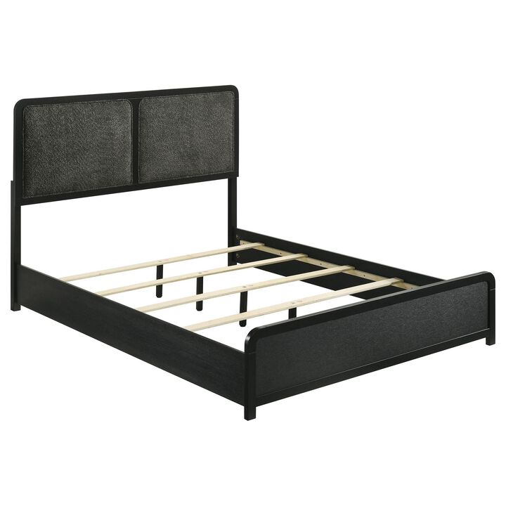 Cavy Queen Size Bed, Channel Tufted Upholstered Headboard, Black Gray - Benzara