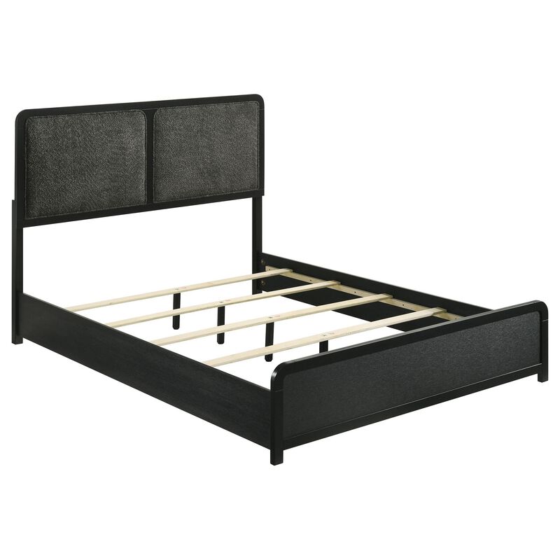 Cavy Queen Size Bed, Channel Tufted Upholstered Headboard, Black Gray - Benzara