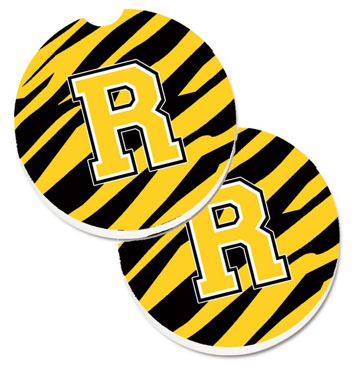 Caroline's Treasures Monogram Initial R Tiger Stripe - black Gold Set of 2 Cup Holder Car Coasters CJ1026-RCARC, 2.56, Multicolor