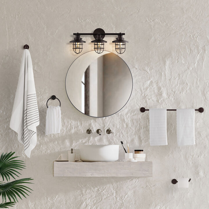 Ellis 24" 3-Light Industrial Farmhouse Vanity Light with Bathroom Hardware Accessory 5-Piece Set