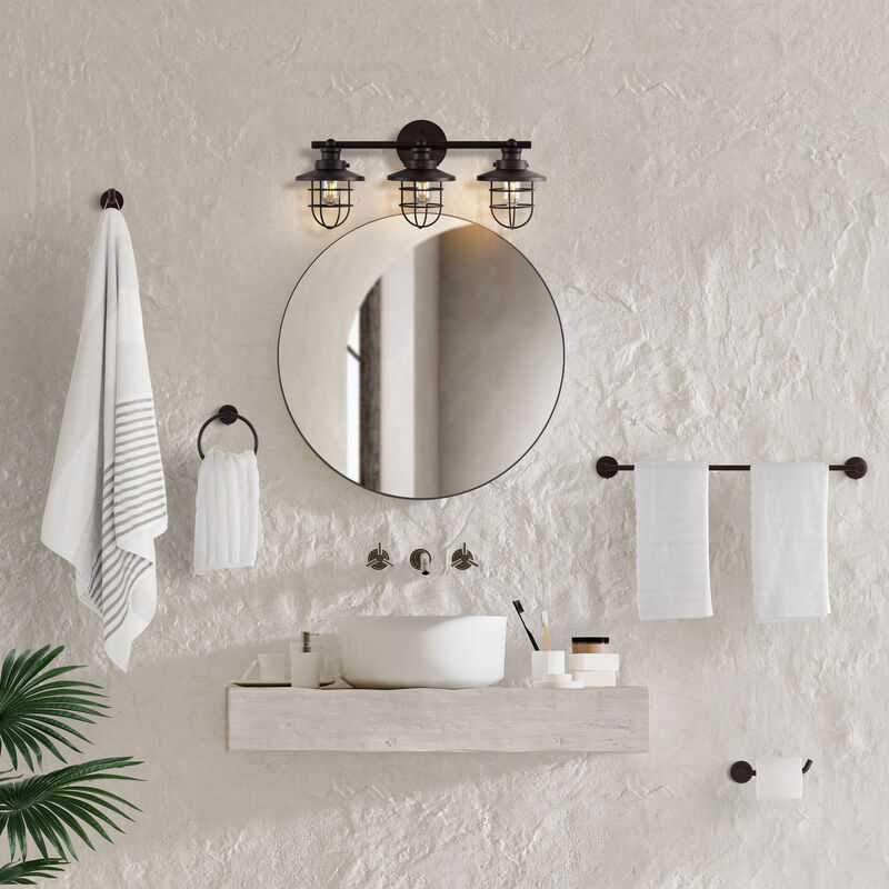 Ellis 24" 3-Light Industrial Farmhouse Vanity Light with Bathroom Hardware Accessory 5-Piece Set
