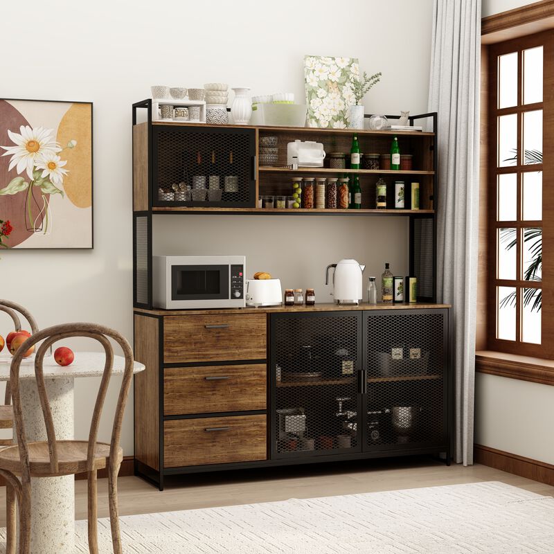 59 in. W Brown Large Kitchen Pantry Organizers Cabinet Buffet with 3-Drawers, 6 Shelves and Metal Mesh Doors