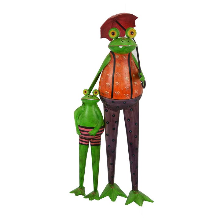 Rookie Outdoor Painted Frogs, Orange, Green, Brown Metal, 32 Inch - Benzara
