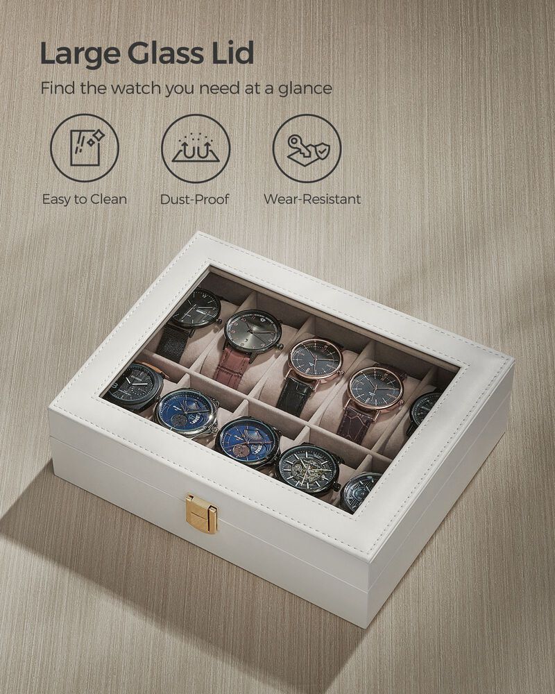 10-Slot Box with Glass Lid Jewelry Holder Case with Removable Pillow