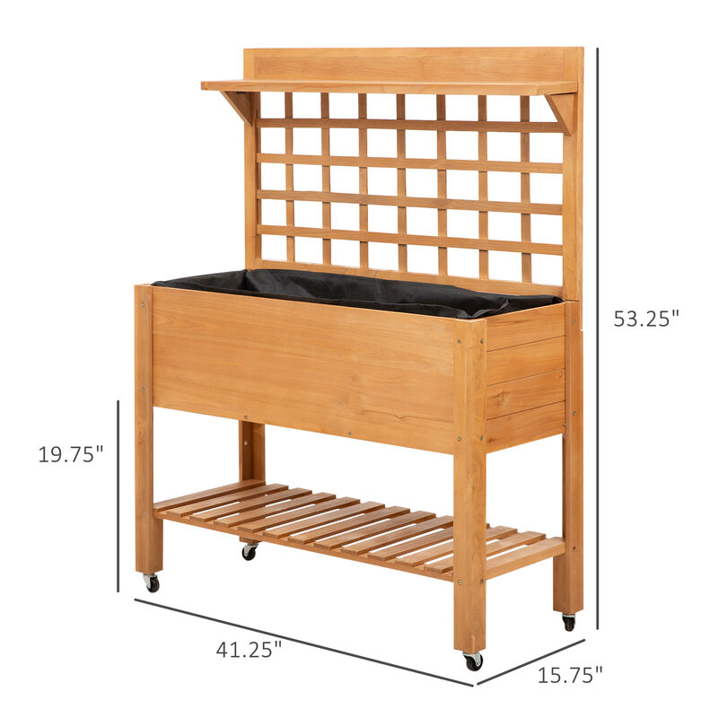 Outdoor Wooden Elevated Growing Plant Bed w/ Shelves for Tool Storage & Wheels
