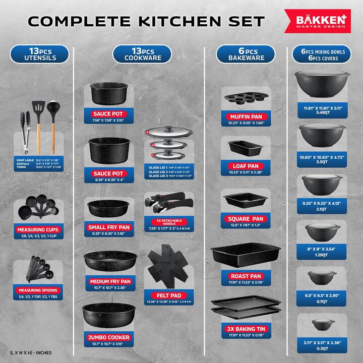 Bakken Master 38 Piece Granite Cookware and Bakeware Set – Nonstick Granite Coating, Pots and Pans with Detachable Handles and Tempered Glass Lids, 6-piece Bakeware set, 12-piece Mixing Bowls