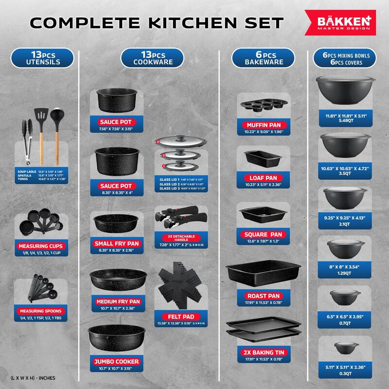 Bakken Master 38 Piece Granite Cookware and Bakeware Set – Nonstick Granite Coating, Pots and Pans with Detachable Handles and Tempered Glass Lids, 6-piece Bakeware set, 12-piece Mixing Bowls