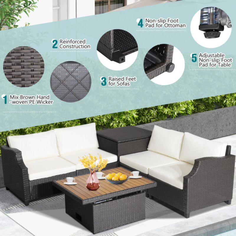 Hivvago 7 Pieces Hand-Woven Wicker Outdoor Furniture Set with Acacia Wood Coffee Table-White