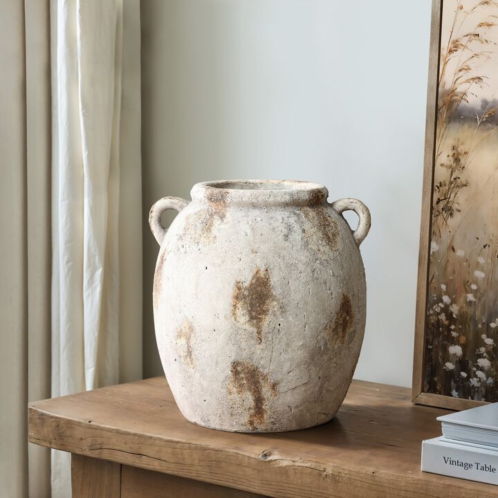 LuxenHome Mottled Brown and White Terracotta 11.8-Inch Tall Indoor and Outdoor Jug Vase with Handles