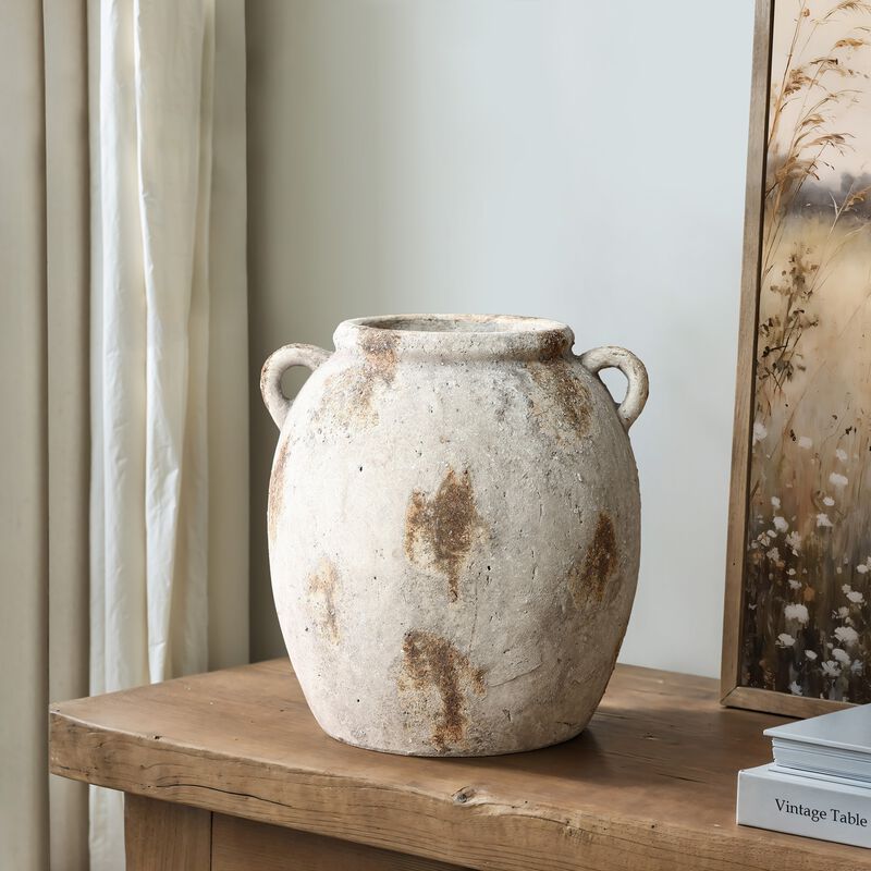 LuxenHome Mottled Brown and White Terracotta 11.8-Inch Tall Indoor and Outdoor Jug Vase with Handles