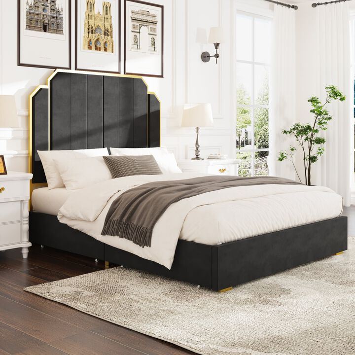 MONDAWE Queen Size Modern Platform Bed Frame and 59.06" Headboard, Upholstered Bed with Golden Plating Trim