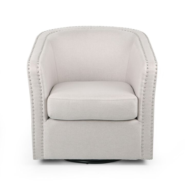 Swivel Accent Chair, Classic Round Barrel Style, Wheat Beige Fabric - Benzara