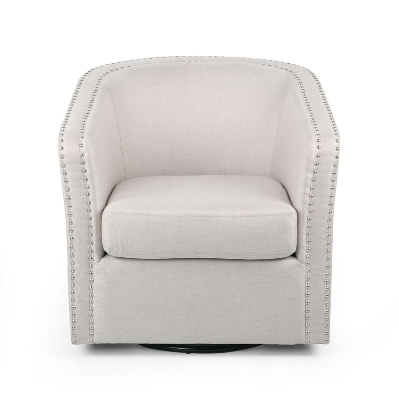 Swivel Accent Chair, Classic Round Barrel Style, Wheat Beige Fabric - Benzara