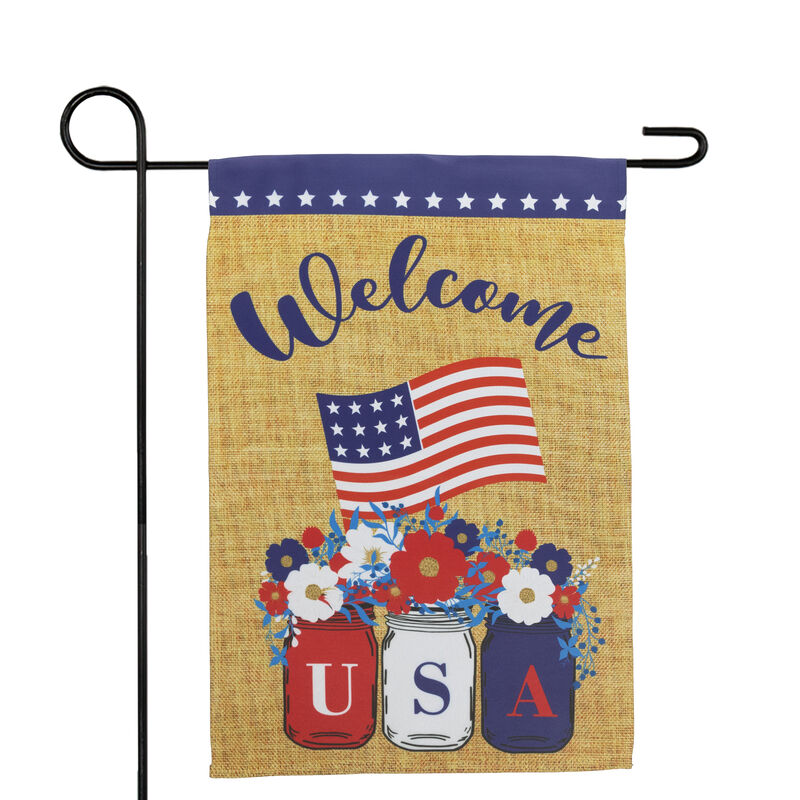 Floral Mason Jars "Welcome" USA Flag Patriotic Outdoor Garden Flag - 18" x 12.5"