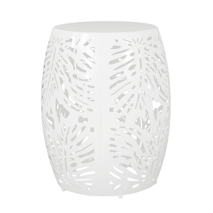 Miami Outdoor End Table Stool, Palm Leaf Pattern, White Iron, 17 Inch - Benzara