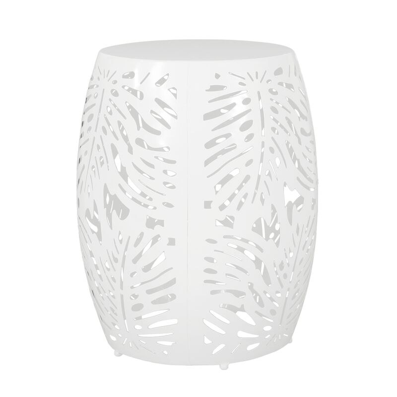 Miami Outdoor End Table Stool, Palm Leaf Pattern, White Iron, 17 Inch - Benzara