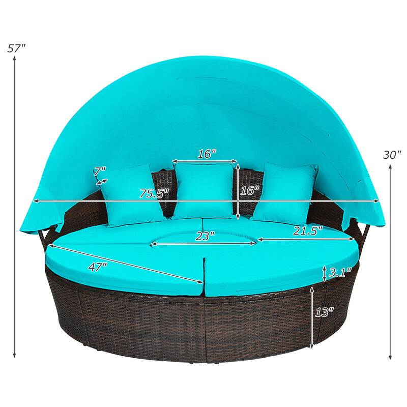 Patio Round Rattan Daybed with Retractable Canopy and Height Adjustable Coffee Table