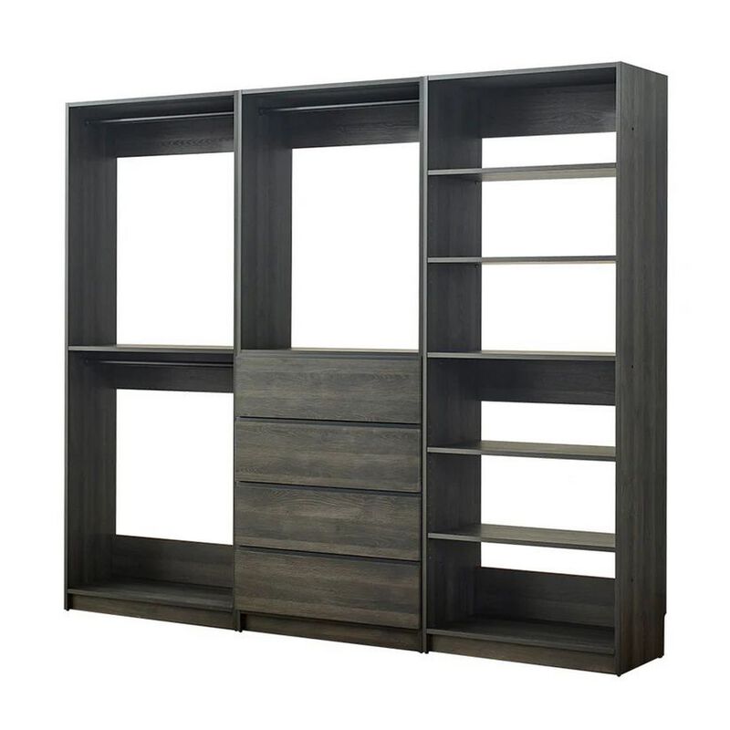 Dee Modular Freestanding Closet System, 4 Drawers, 5 Shelves, Dark Gray  - Benzara