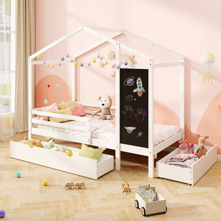 Kids Bed with 2 Drawers Solid Wood Bed with Blackboard