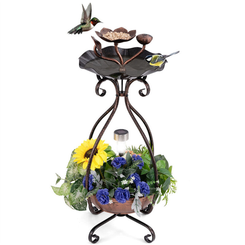 Copper Solar Bird Bath & Feeder with Planter Pedestal and LED Light