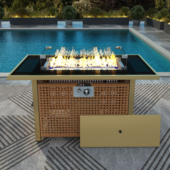 Merax 60000 BTU Rectangular Open Weave Wicker Fire Pit with Glass Wind Guard
