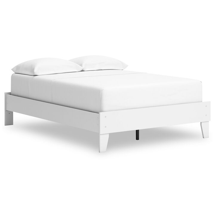 Kally Full Platform Bed, Matte White Wood, Low Profile Tapered Legs - Benzara