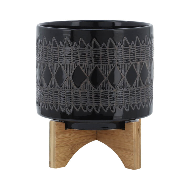 Ceramic 8" Aztec Planter On Wooden Stand