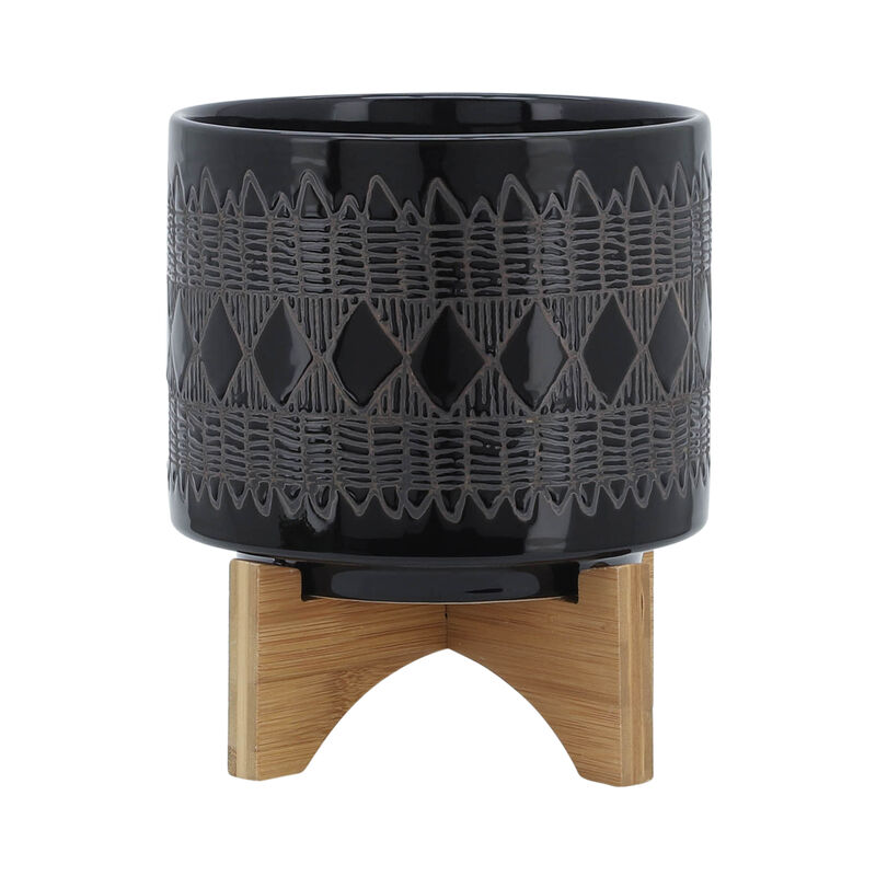 Ceramic 8" Aztec Planter On Wooden Stand