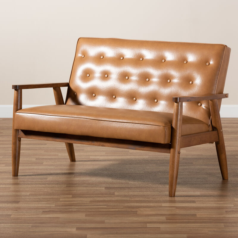 Baxton Studio Sorrento Mid Century Tan Faux Leather Upholstered Wood Loveseat