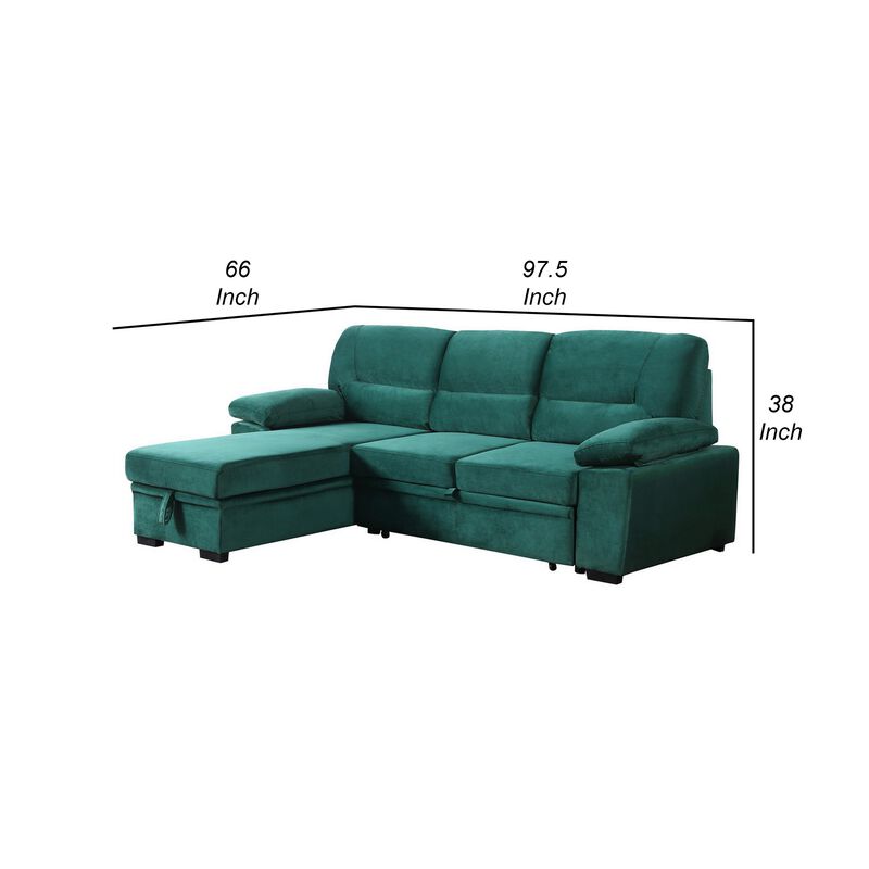 Exie 98 Inch 2 Piece Sectional Sofa, Pull Out Bed, Storage, Green Velvet-Benzara