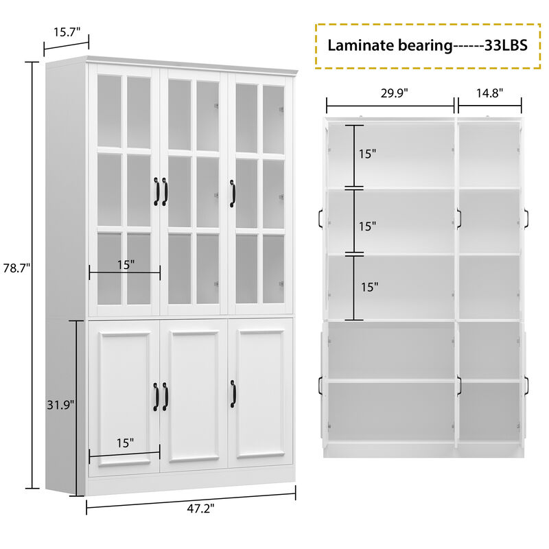 White Wood 47.2 in. W Buffet and Hutch Kitchen Cabinet with Glass Doors ( 47.2 in. W x 15.7 in. D x 78.7 in. H)