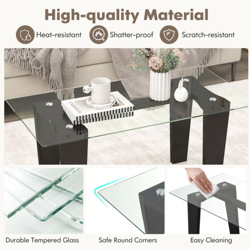 Hivvago 39.5 Inch Glass Coffee Table Modern Rectangular Center Table with Solid Rubber Wood Legs