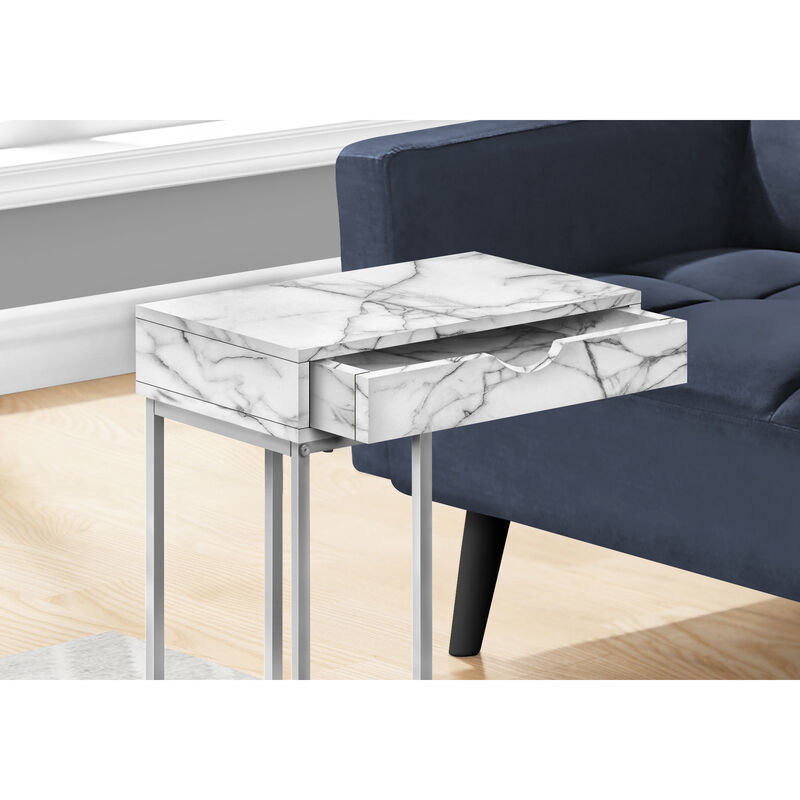 Monarch Specialties I 3772 Accent Table, C-shaped, End, Side, Snack, Storage Drawer, Living Room, Bedroom, Metal, Laminate, White Marble Look, Grey, Contemporary, Modern