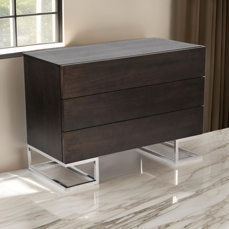 Sam 39 Inch Dresser, 3 Drawers, Sleek Steel Legs, Espresso Brown Wood - Benzara