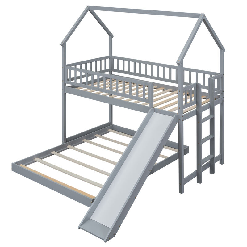 Twin Over Full House Bunk Bed With Slide And Built-In Ladder, Full-Length Guardrail