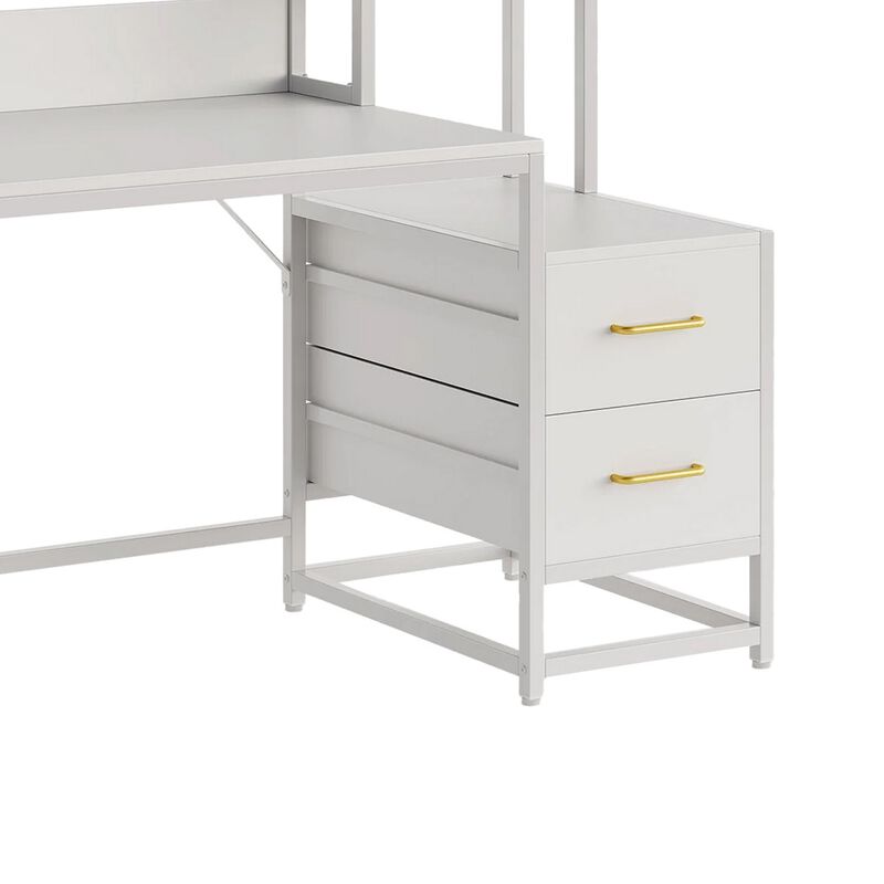 Computer Desk, 2 Drawers, Open Shelf Hutch, White Metal, 60 Inch - Benzara