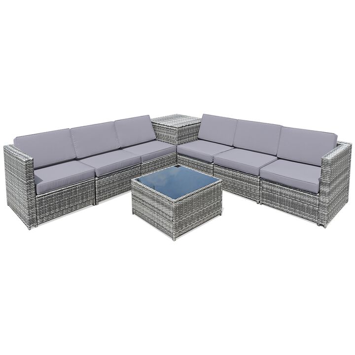 8 Piece Wicker Sofa Rattan Dinning Set Patio Furniture with Storage Table