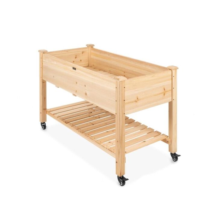 QuikFurn Solid Wood Locking Wheels Raised Mobile Garden Wood Planter Elevated Planter