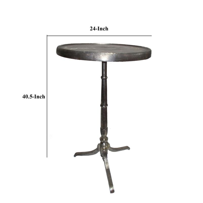 41 Inch Plant Stand Table, Round Top, Turned Base, Modern Silver Aluminium - Benzara