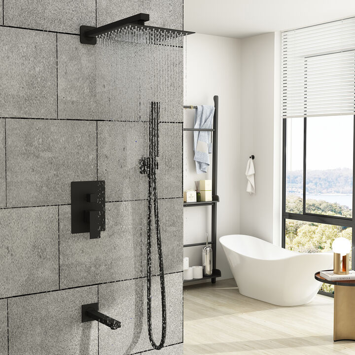 3-Spray Patterns with 2.5 GPM 9.8 in. Wall Mount Dual Shower Heads Hand Shower Faucet with Valve in Black