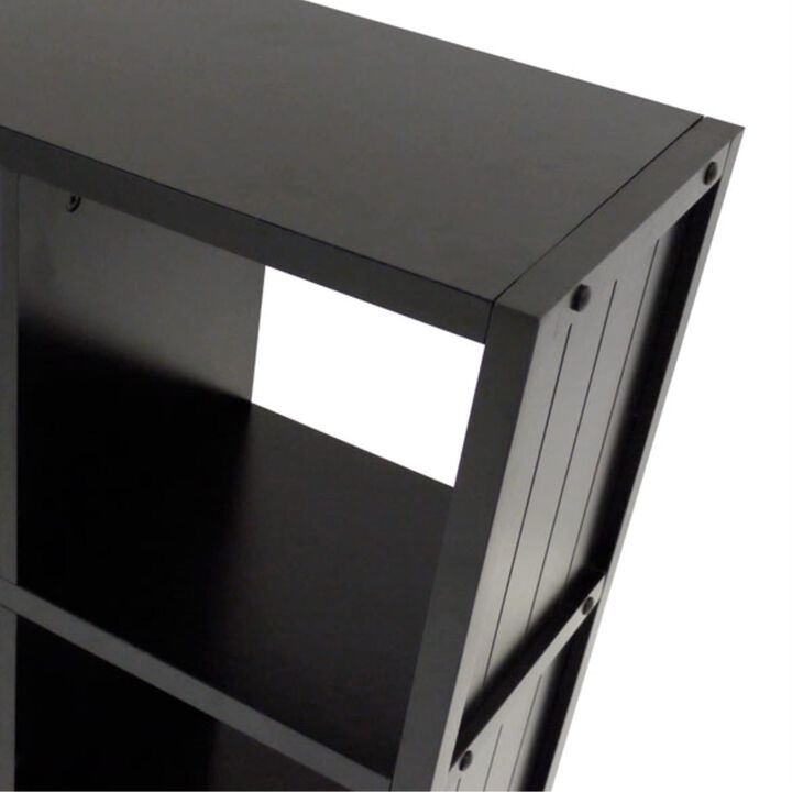 Timothy Collection 2x2 Shelving Unit with 4 Chocolate Fabric Baskets - Modern Design, Durable Wood, Sleek Black Finish, Versatile Storage Solution