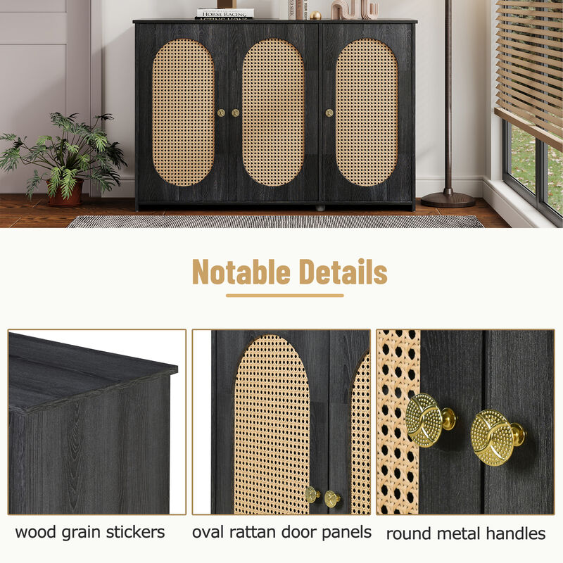 Clihome Retro 3-Door Sideboard with Large Storage Space Artificial Rattan Doors and Metal Handles, Accent Cabinet for Living Room and Hallway (Antique Black)