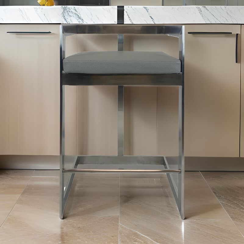 Keyn 26 Inch Counter Stool Chair, Faux Leather, Stainless Steel Base, Gray - Benzara