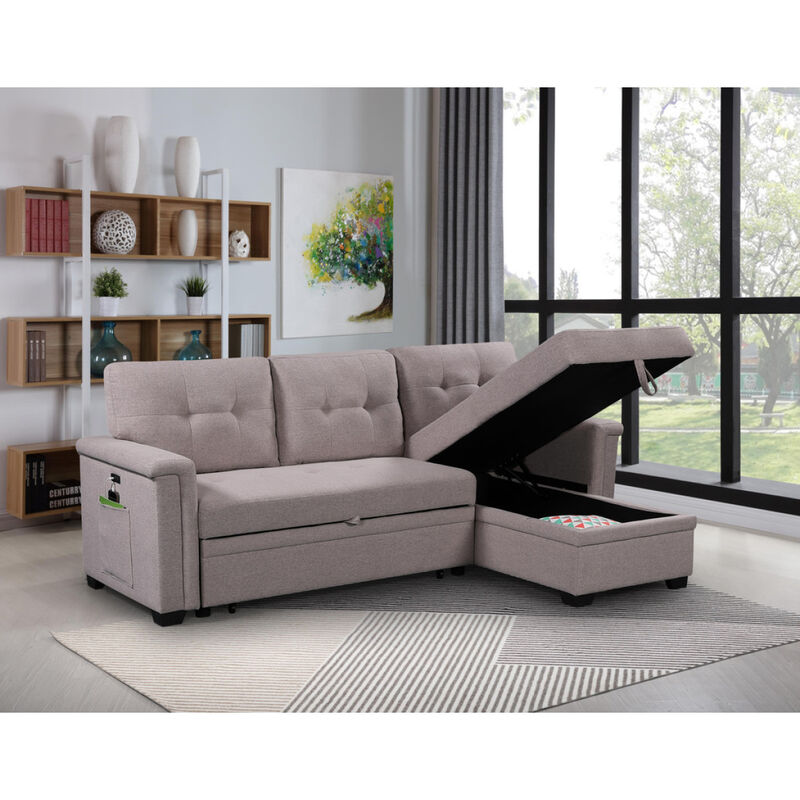 Ashlyn Light Reversible Sleeper Sectional Sofa With Storage Chaise, USB Charging Ports And Pocket