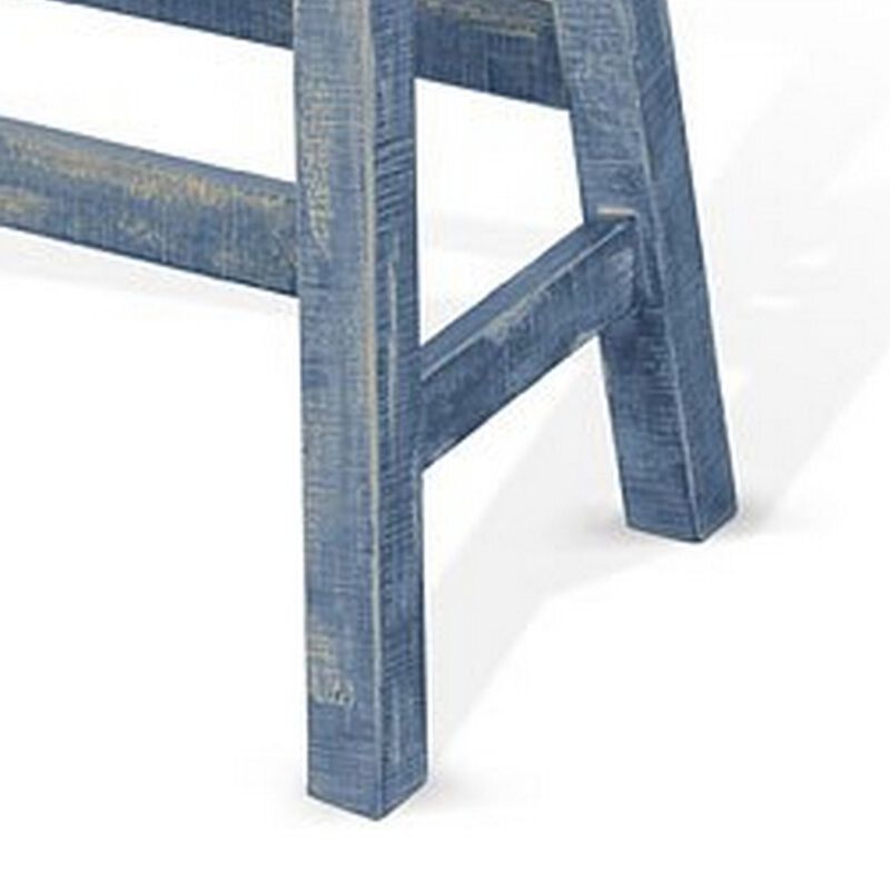 Rena Bar Height Bench, 33 Inch Rustic Ocean Blue Mahogany Wood Frame - Benzara