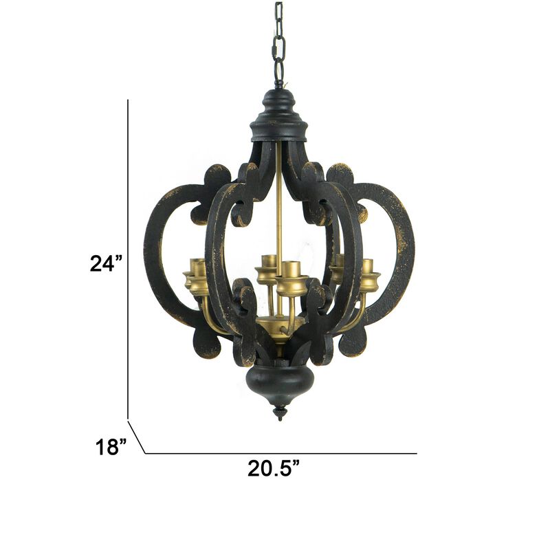 Aki 21 Inch Carved Wood Chandelier, 6 Lights, Vintage Classic, Black, Gold-Benzara