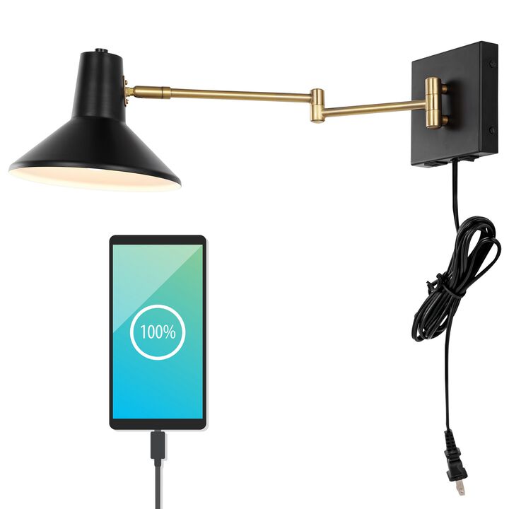 Hygge Swing Arm Modern Midcentury Iron USB Charging Port LED Sconce